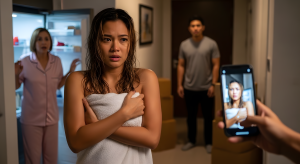 Kakalabas ko lang ng banyo, basa pa ang buhok ko at tumutulo ang tubig sa balikat ko